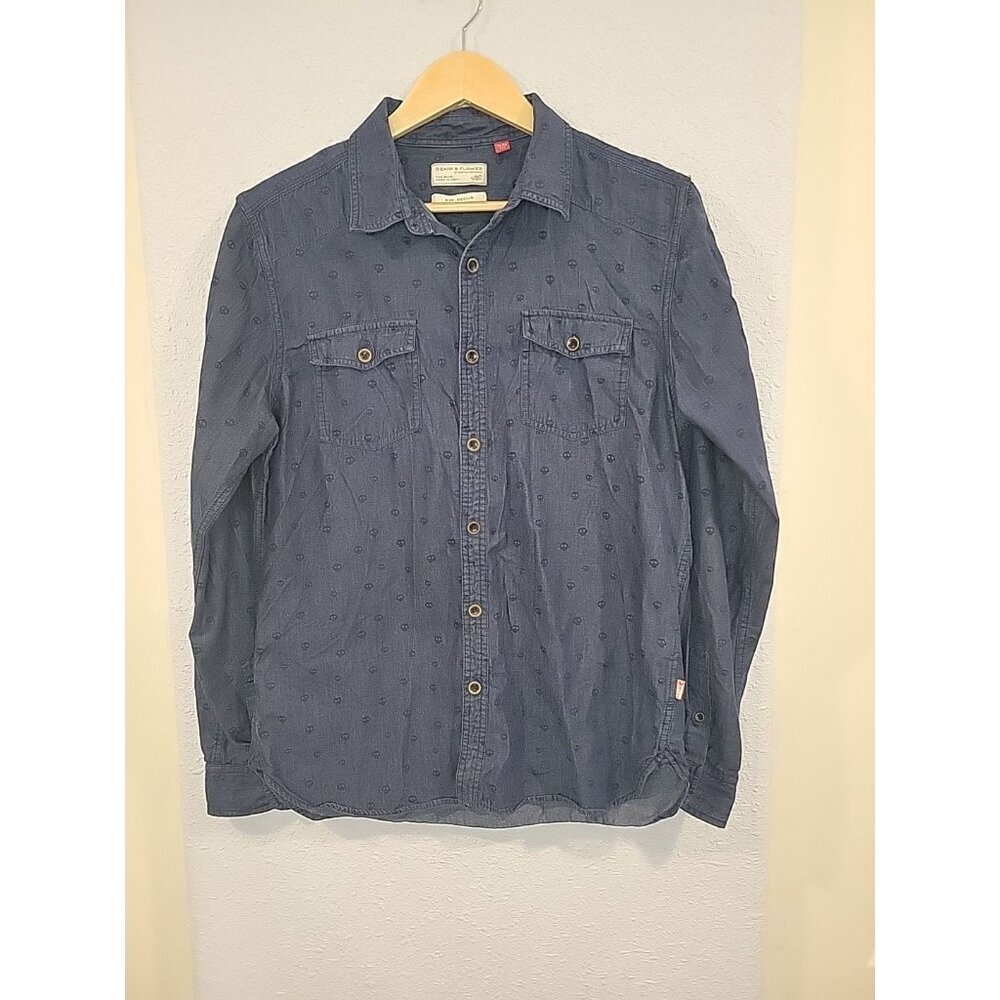 Denim & Flower Shirt Mens Medium‎ Blue Slim Denim Skull All Over Print Cotton